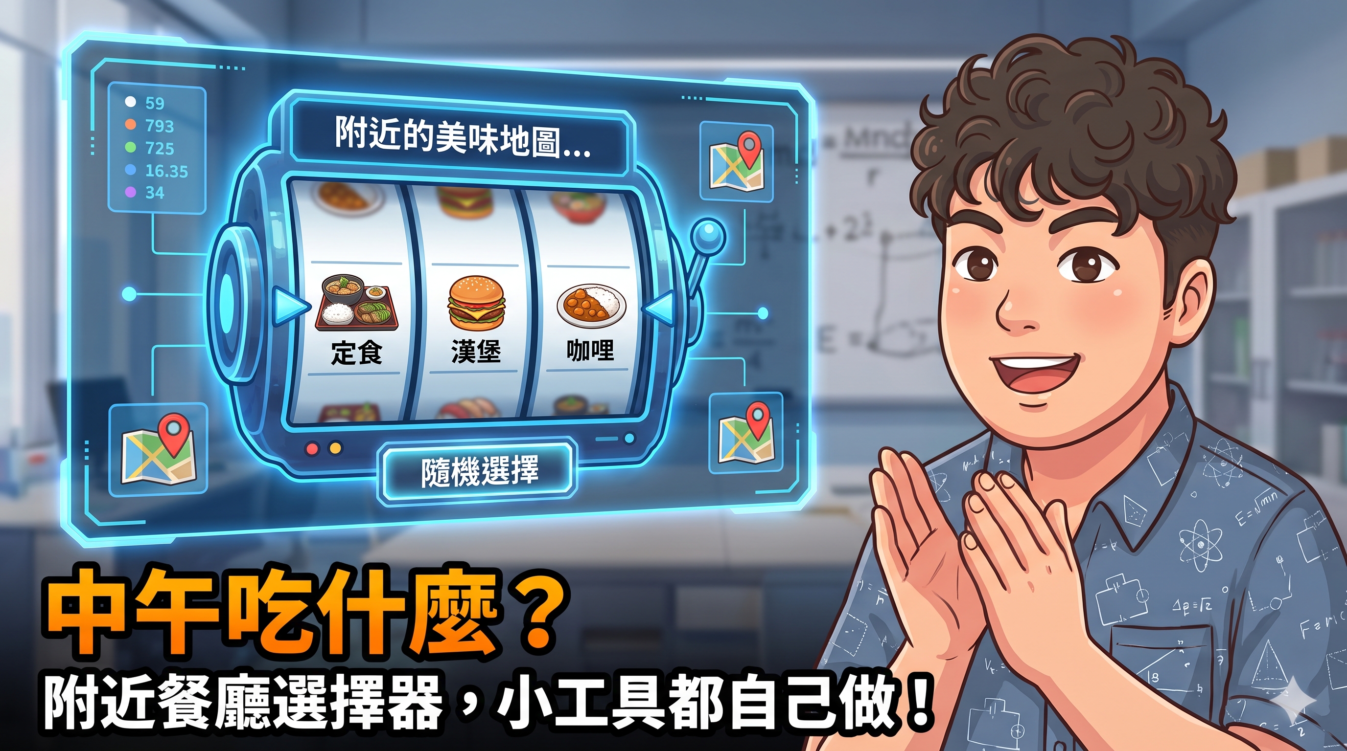 教師操作附近餐廳隨機選擇器，畫面列出定食、漢堡與咖哩等午餐選項