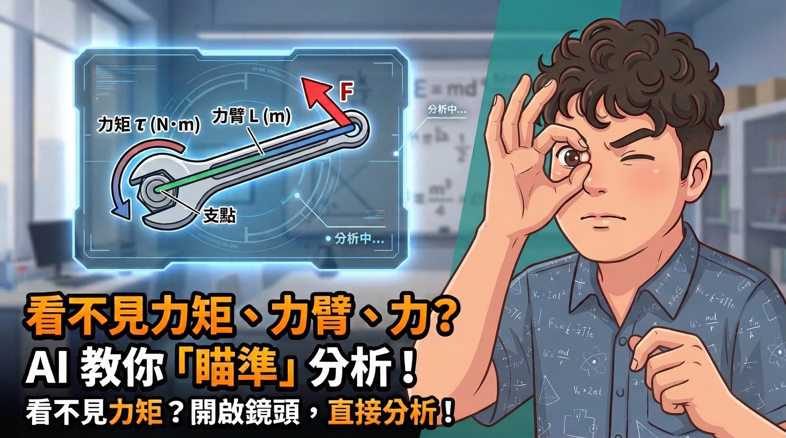 力矩 AR 模擬器封面：用鏡頭對準水龍頭，即時疊加力臂與力矩向量的示意圖