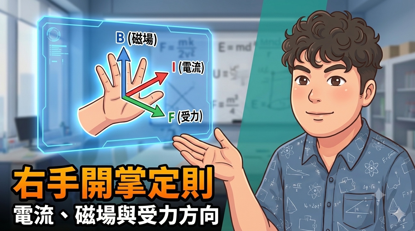 右手開掌顯示磁場、電流與受力三個互相垂直的方向