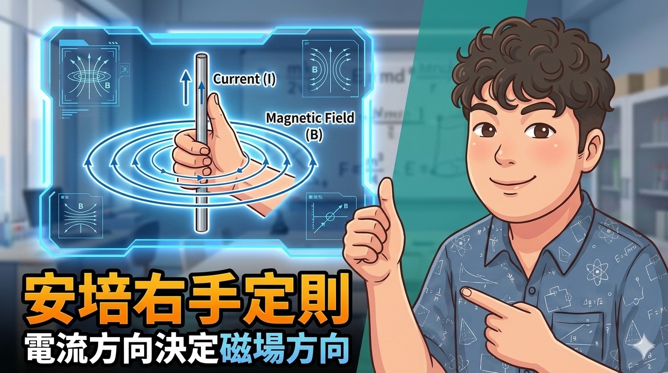 右手握住載流導線，大拇指沿電流方向，彎曲四指表示環形磁場方向