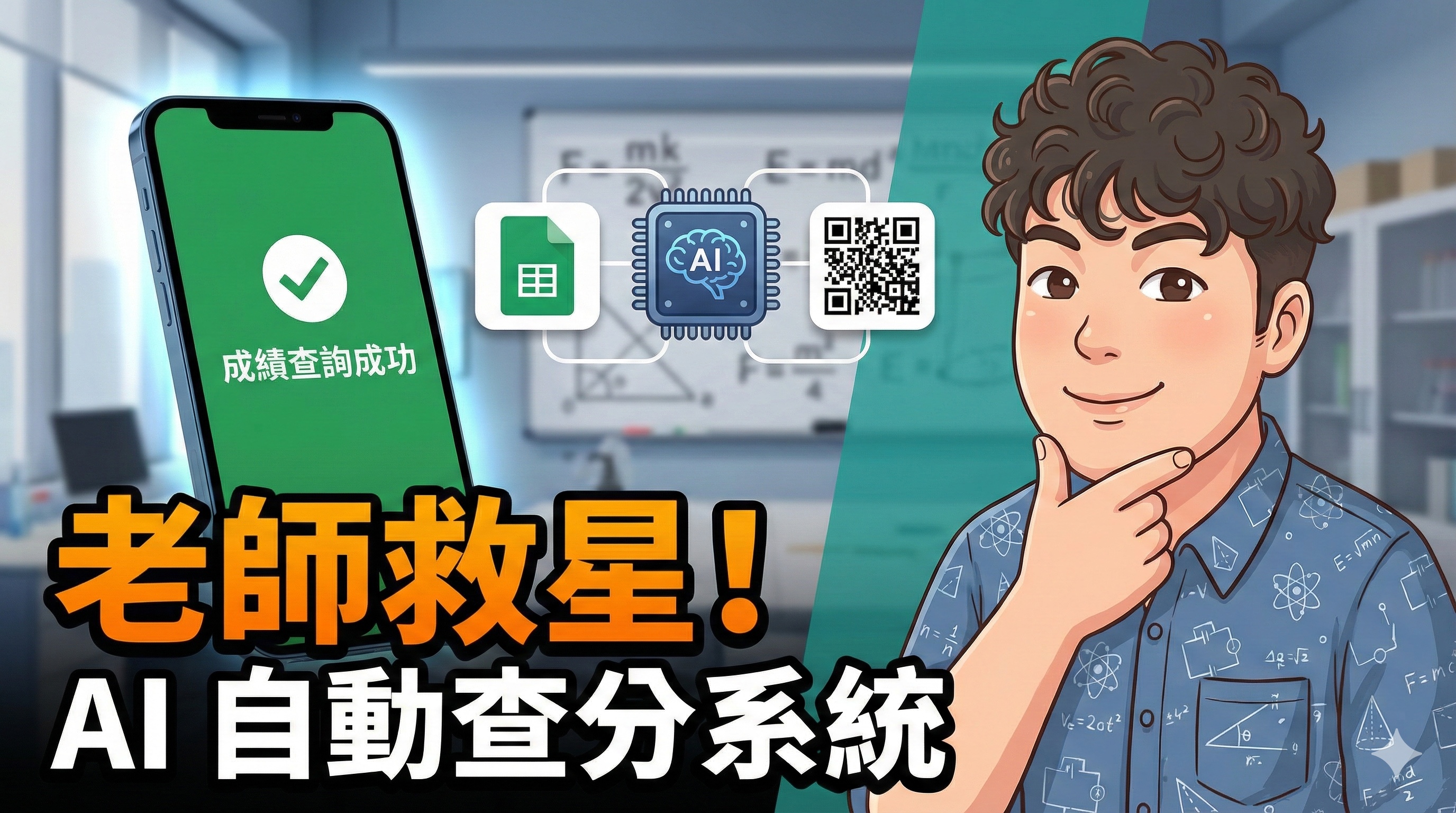 AI 自動查分系統封面：Google Sheets 介面搭配 QR Code 成績查詢示意圖