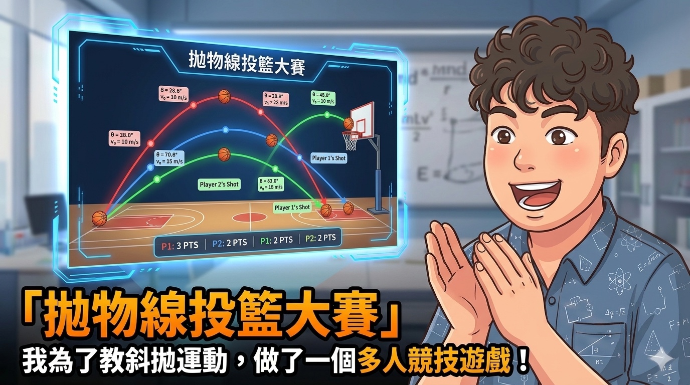教師帶領學生比較不同發射角度與初速度形成的投籃拋物線