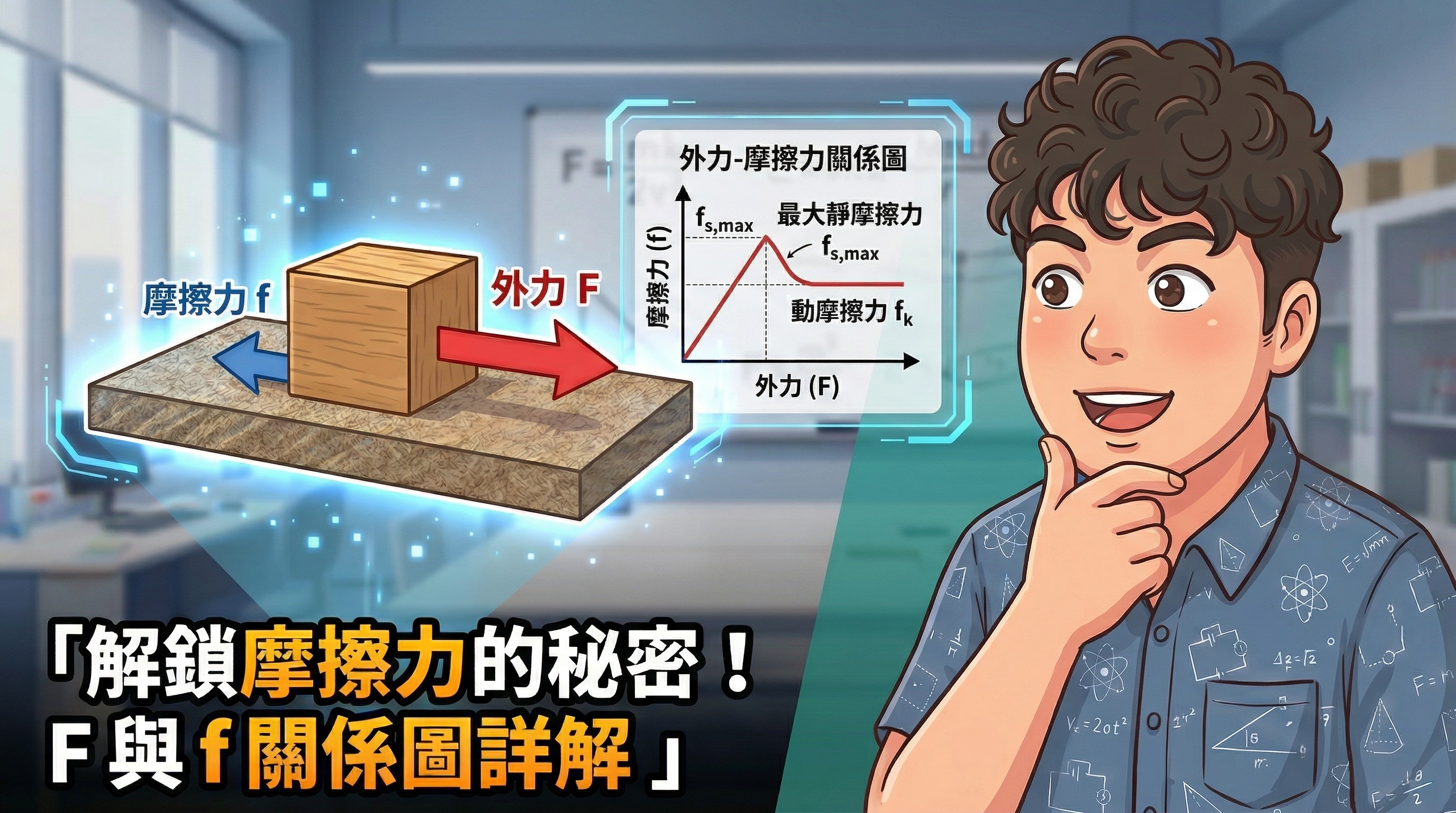 摩擦力互動模擬封面：木塊被手推動，旁邊動態長出 F-f 關係圖