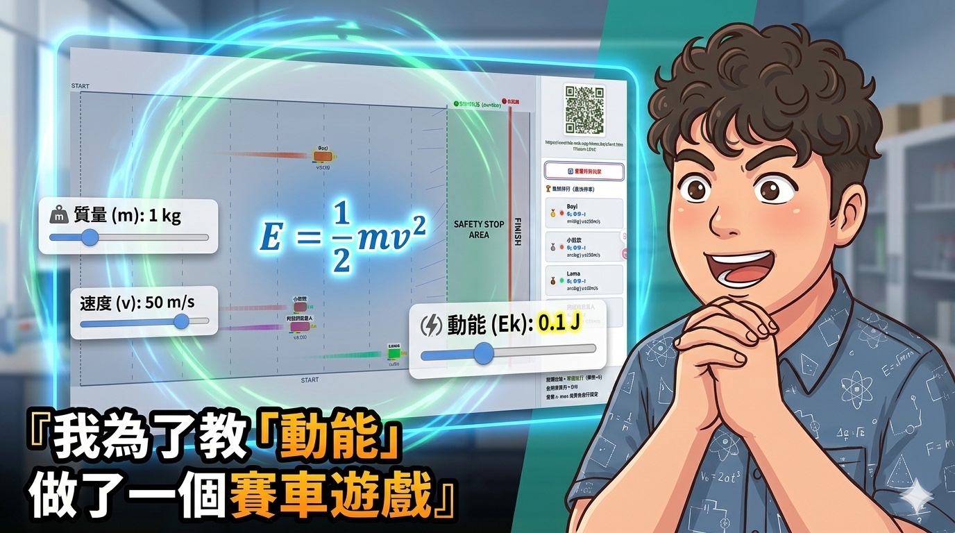 方塊賽車的教師投影賽道與學生手機控制器示意