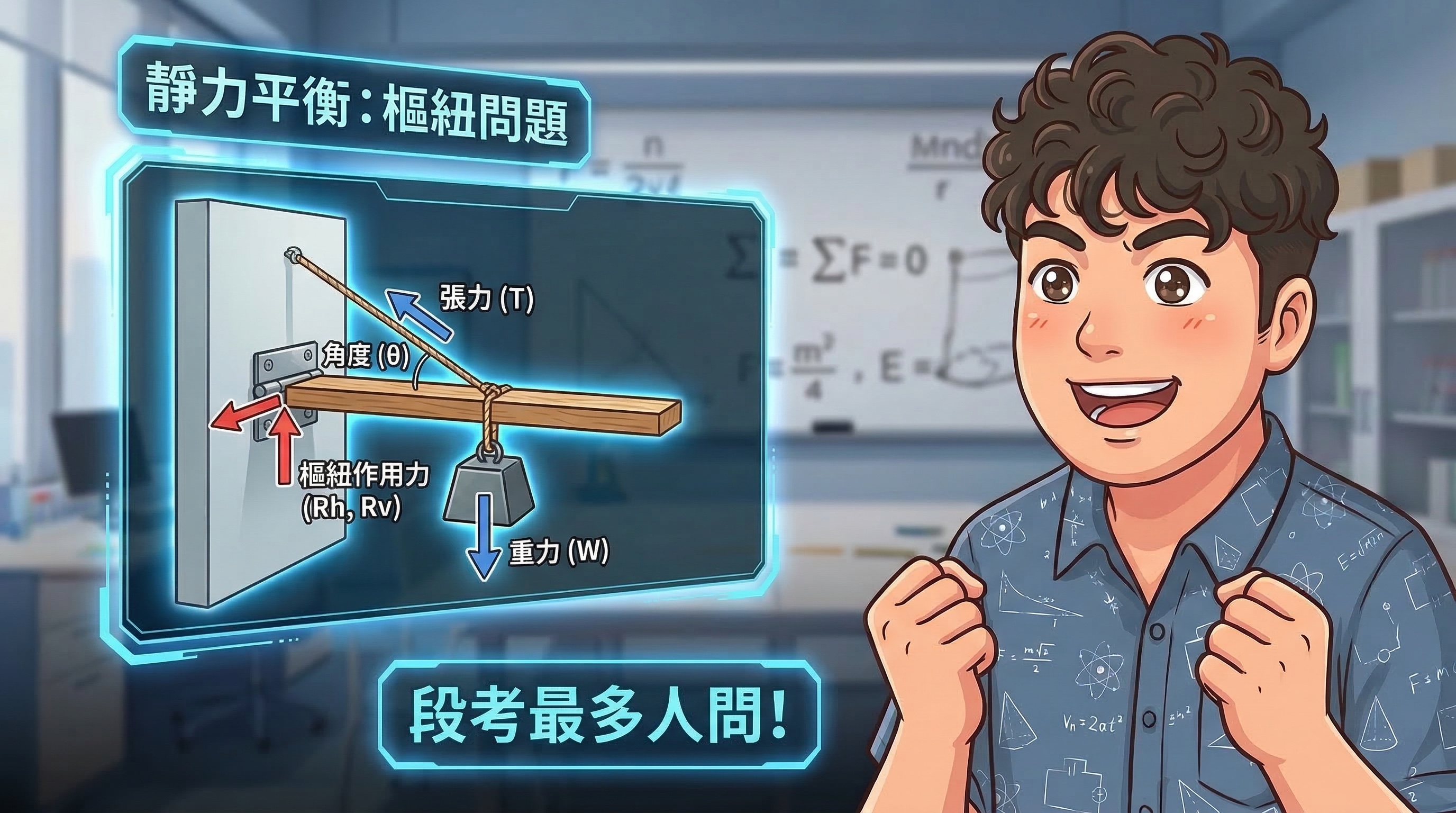 靜力平衡樞紐問題互動模擬封面：木條、重物、繩索張力與樞紐受力示意圖