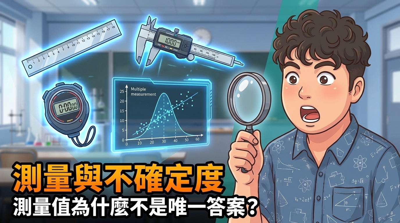 直尺、游標卡尺、碼表與多次測量分布圖，呈現不同工具及重複測量的不確定性