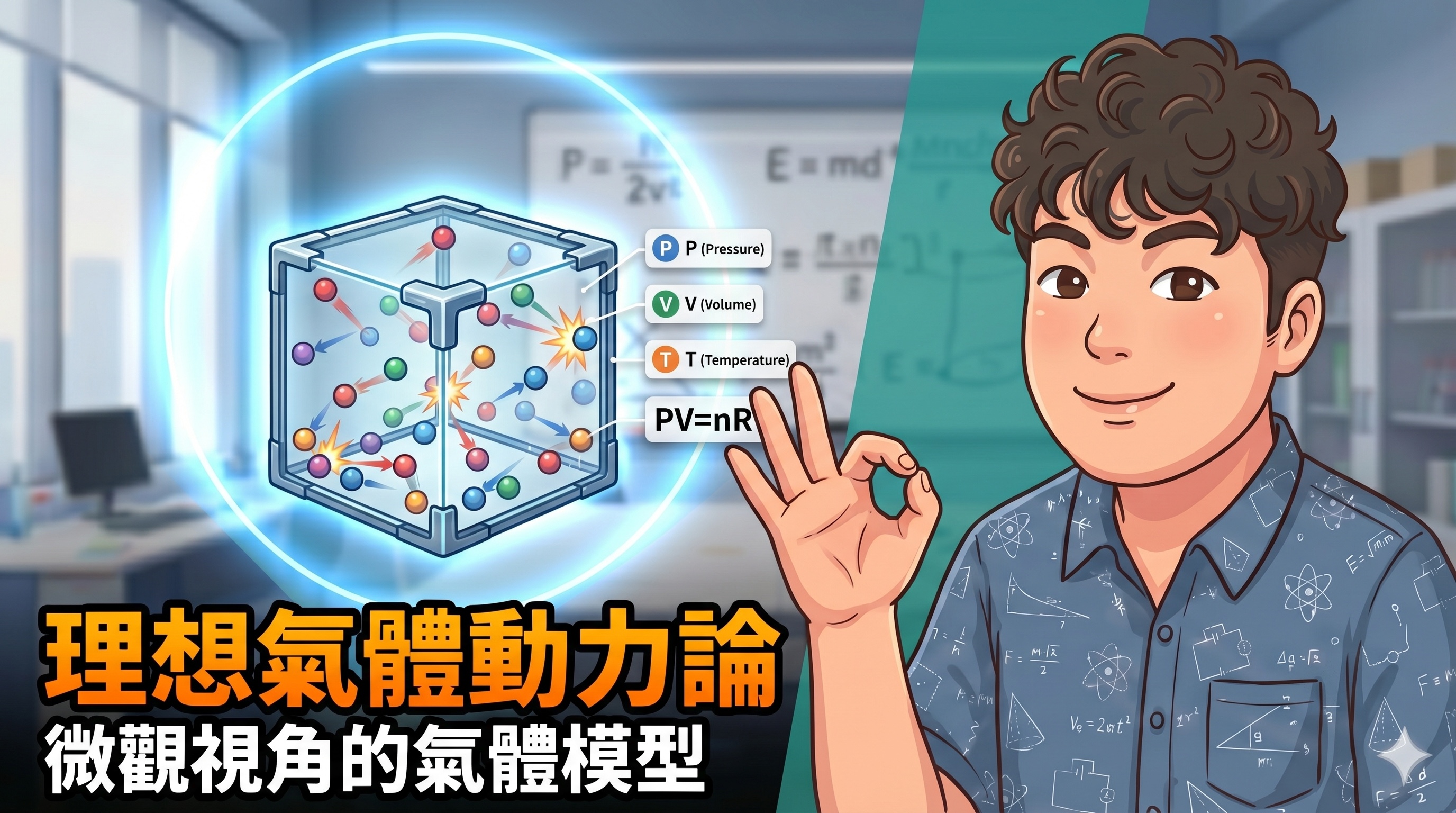 許多氣體分子在容器中高速運動並碰撞器壁，旁邊顯示理想氣體方程式
