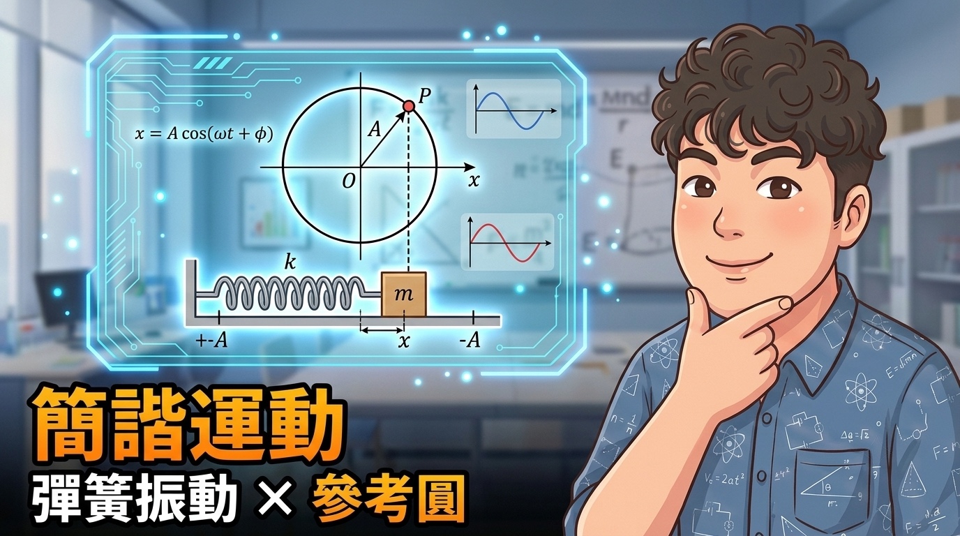 彈簧振子、參考圓與正弦波圖像，呈現簡諧運動與圓周運動投影的關係