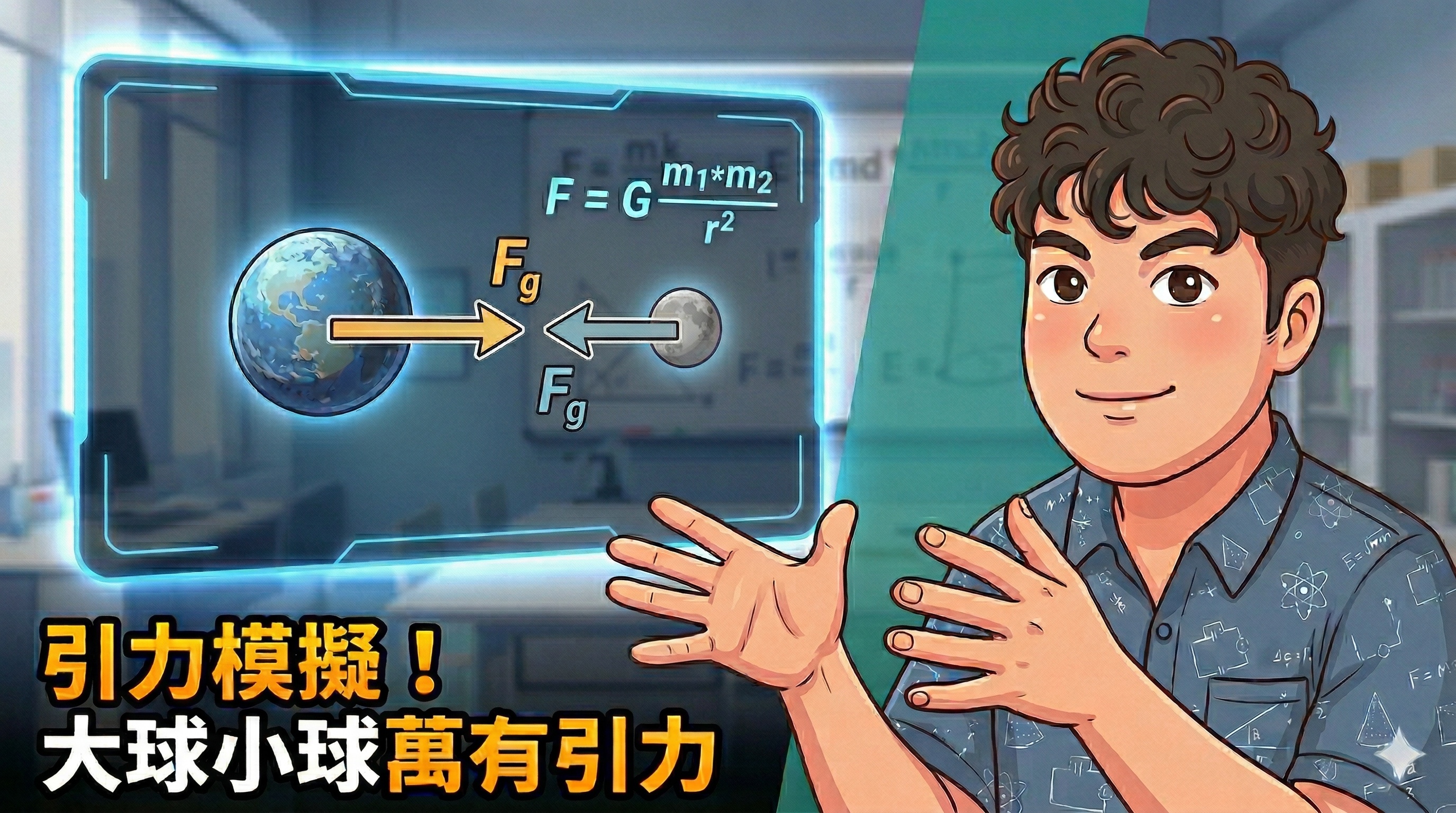 萬有引力互動模擬封面：暗房宇宙場景，螢光藍質量球與黃色引力箭頭