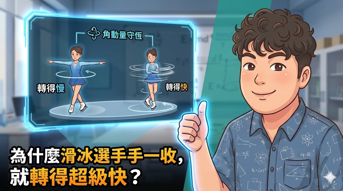 角動量守恆互動模擬封面：滑冰選手收手瞬間加速旋轉，旁邊顯示 3D 教室實驗場景