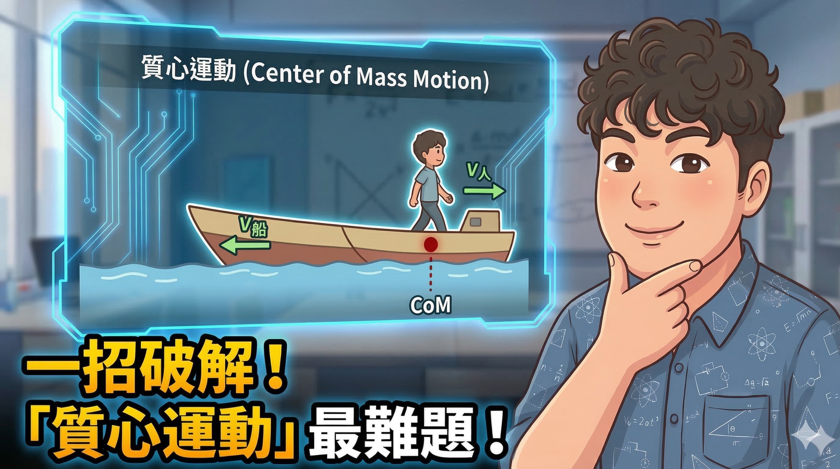 質心運動互動模擬器封面：彩色質點分布圖與質心計算示意