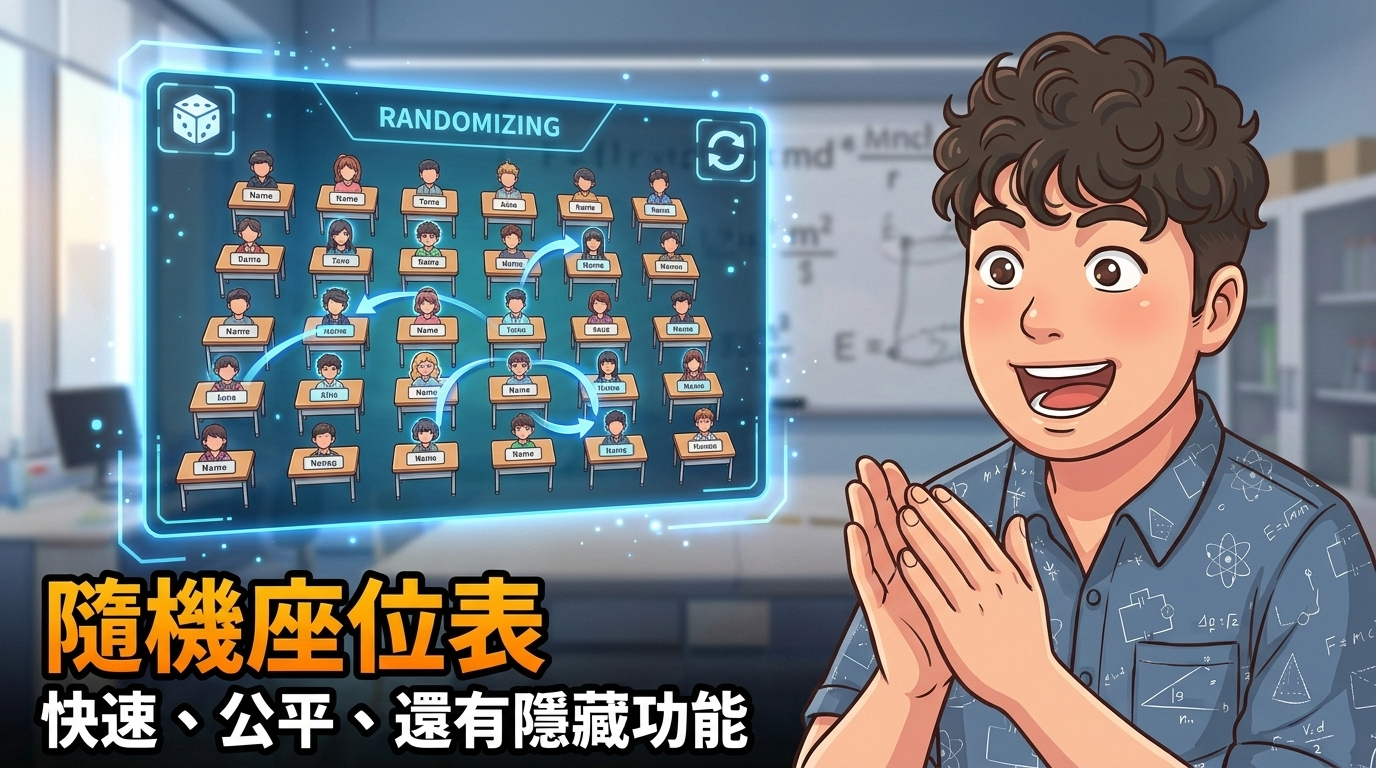 教師在教室中使用數位座位表，畫面呈現多排學生座位與隨機交換箭頭