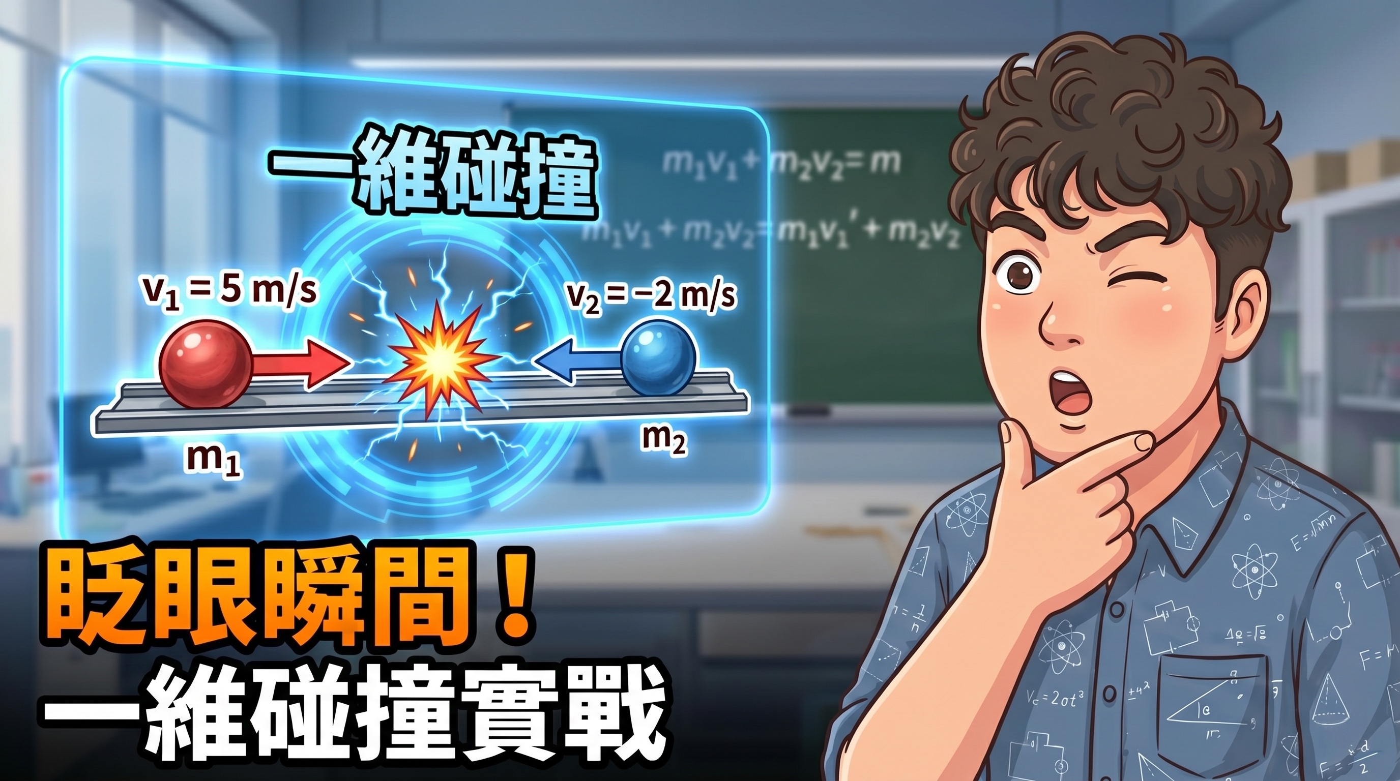 藍球與紅球沿同一直線碰撞，畫面同步顯示兩球速度、總動量、總動能與恢復係數