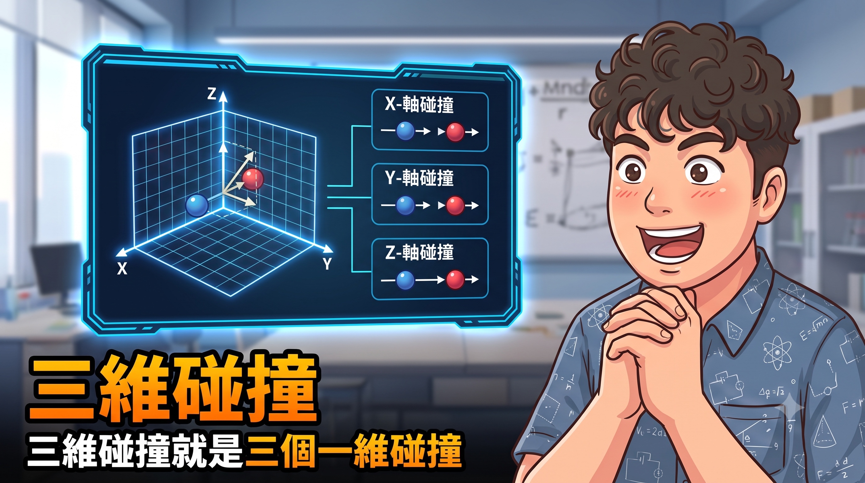藍球與紅球在三維座標空間中斜向交會，畫面顯示速度向量與可旋轉觀察視角