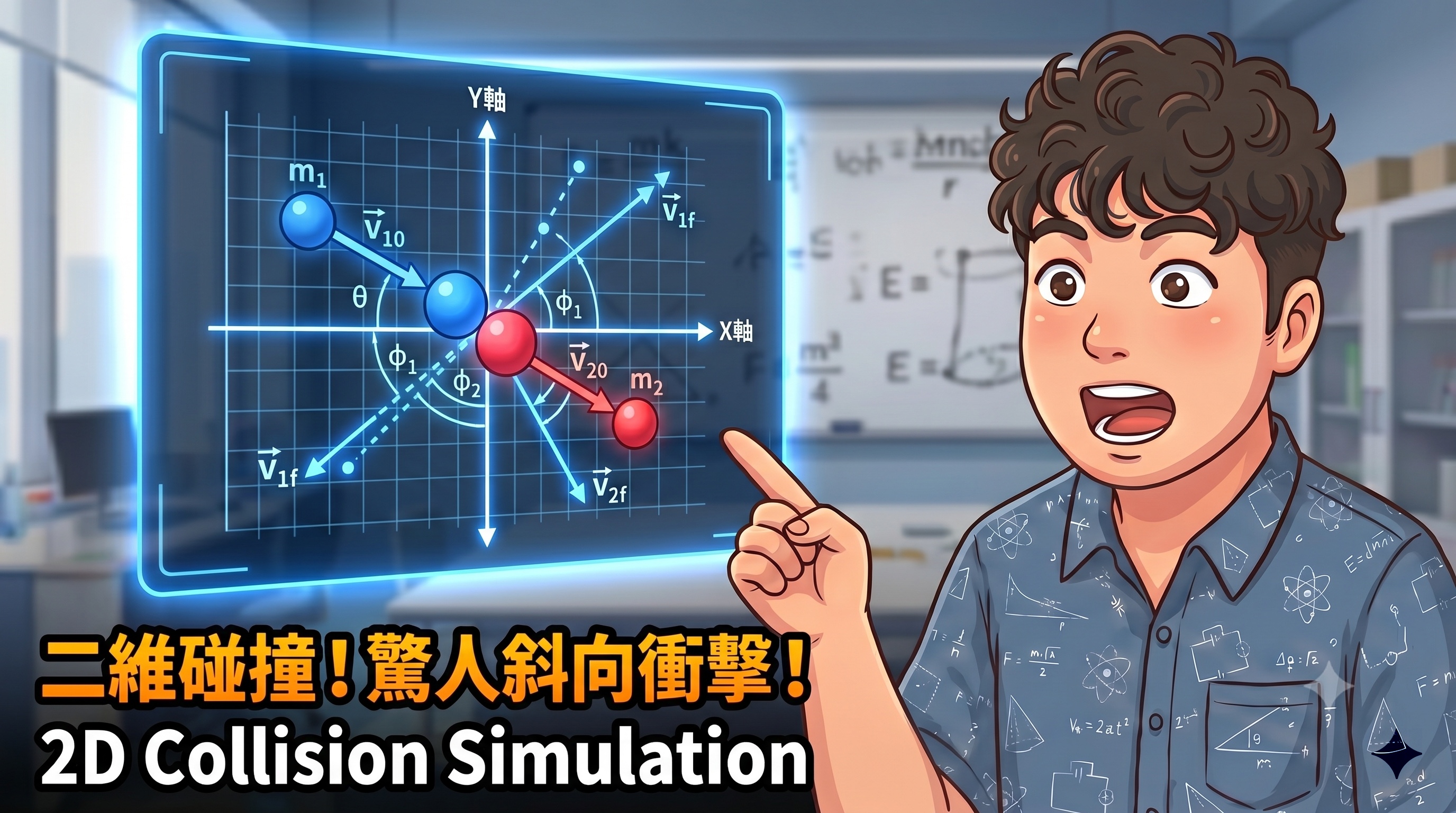 兩個圓球在平面畫布上斜向碰撞，畫面同步顯示速度與動量向量