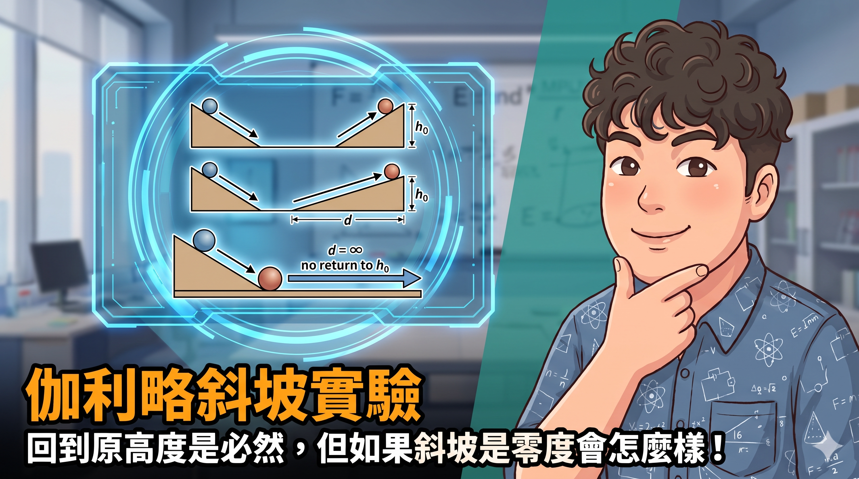 三組雙斜坡示意：右坡逐漸變平緩，回到原高度所需的路程變長；右坡水平時小球不再上升