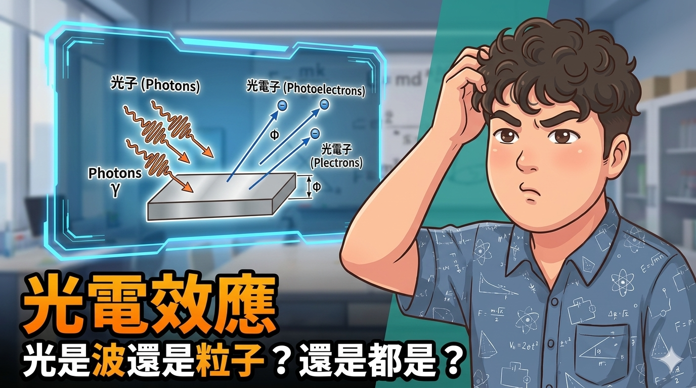 學生觀察光子照射金屬後產生光電子的光電效應示意圖