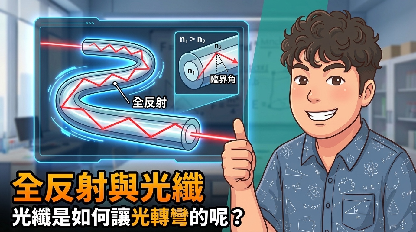 紅色光線在彎曲光纖內多次全反射，旁邊標示高折射率纖芯、低折射率包層與臨界角的示意圖