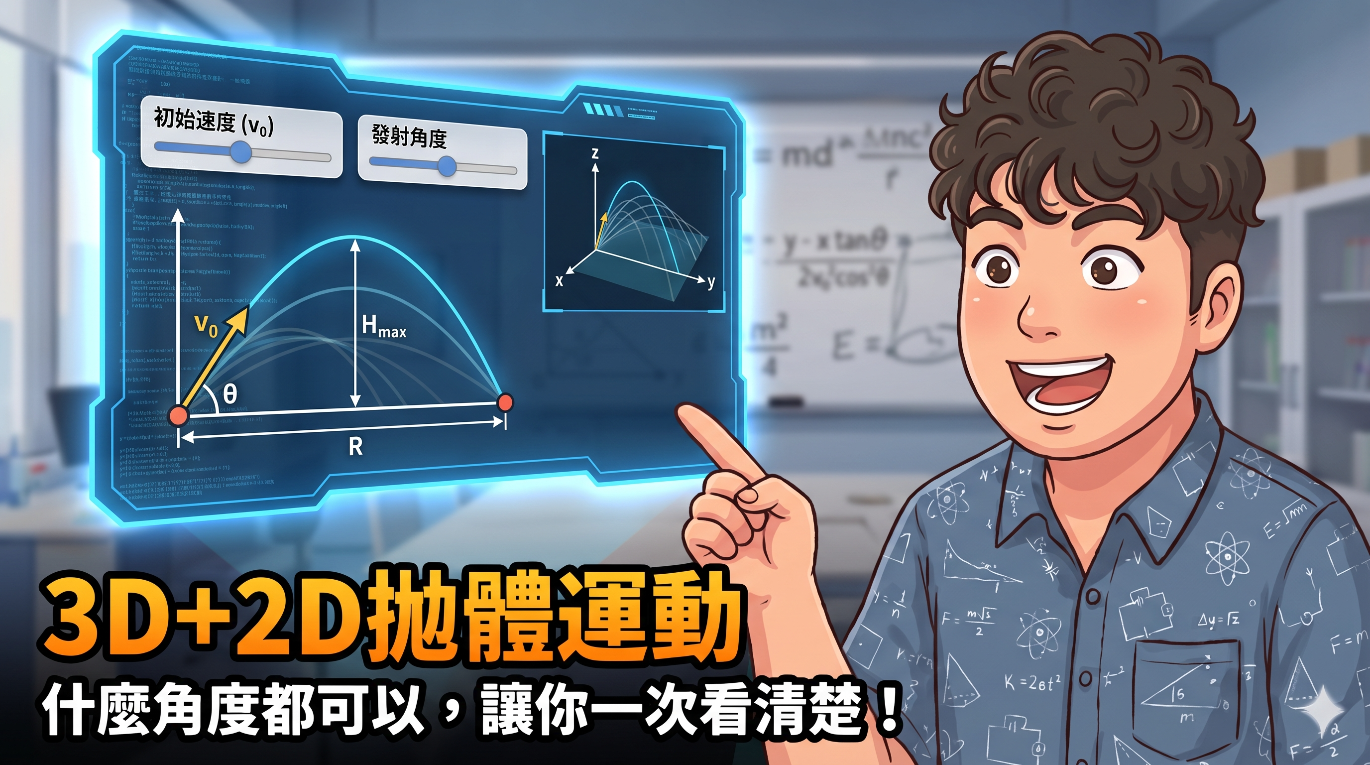 老師指向同時呈現二維拋物線、三維軌跡、初速度與發射角控制的教學畫面