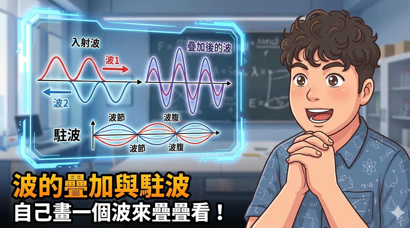 兩個反向行進波逐點疊加成合成波，下方標示駐波的波節與波腹位置