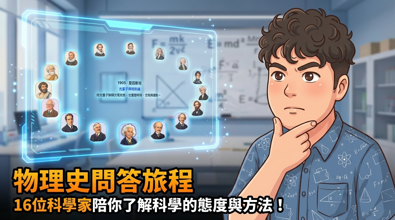 學生凝視呈現十六位科學家與物理史節點的發光介面，畫面標示物理史問答旅程