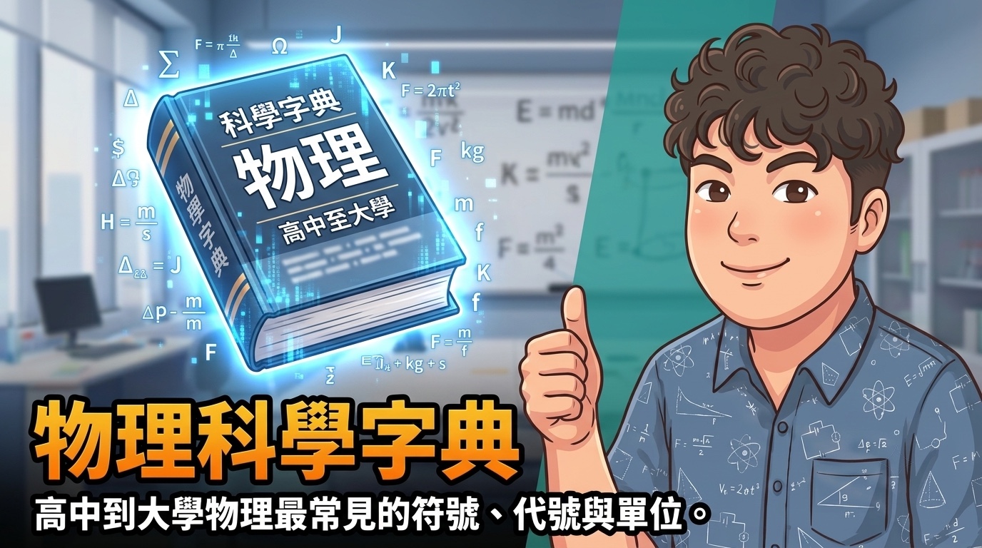 物理科學字典封面，呈現高中到大學常見的物理符號、代號與單位