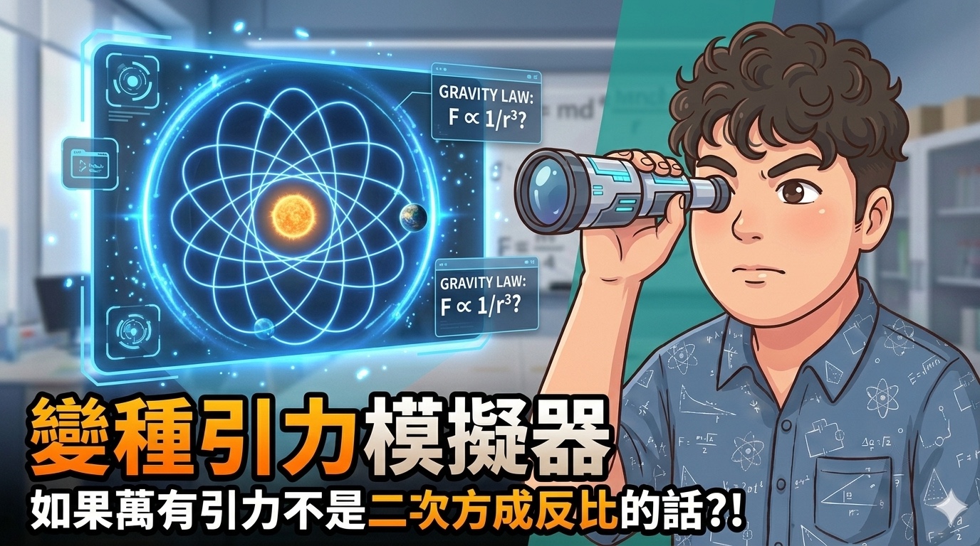 學生觀察變種引力軌道，畫面比較引力與距離平方及立方反比的科幻實驗情境