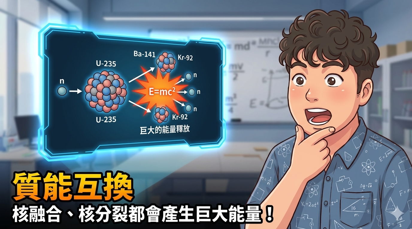 學生觀察鈾-235 吸收中子後發生核分裂並釋放能量的示意圖