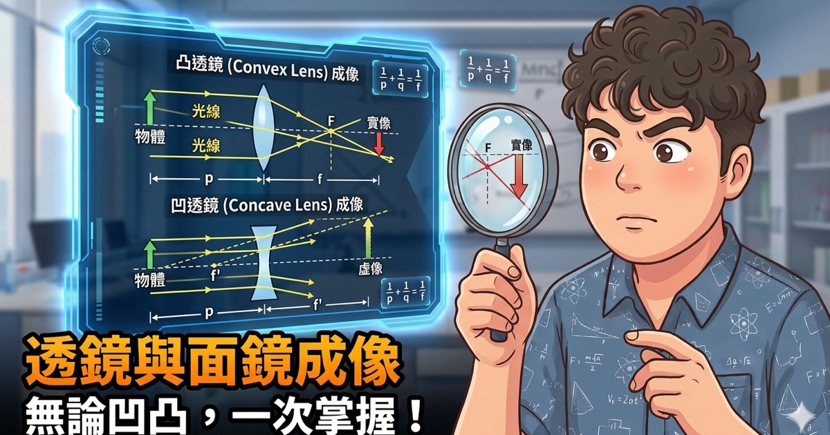 教學插畫展示凸透鏡與凹透鏡的標準光線成像圖，右側學生手持面鏡觀察反射像
