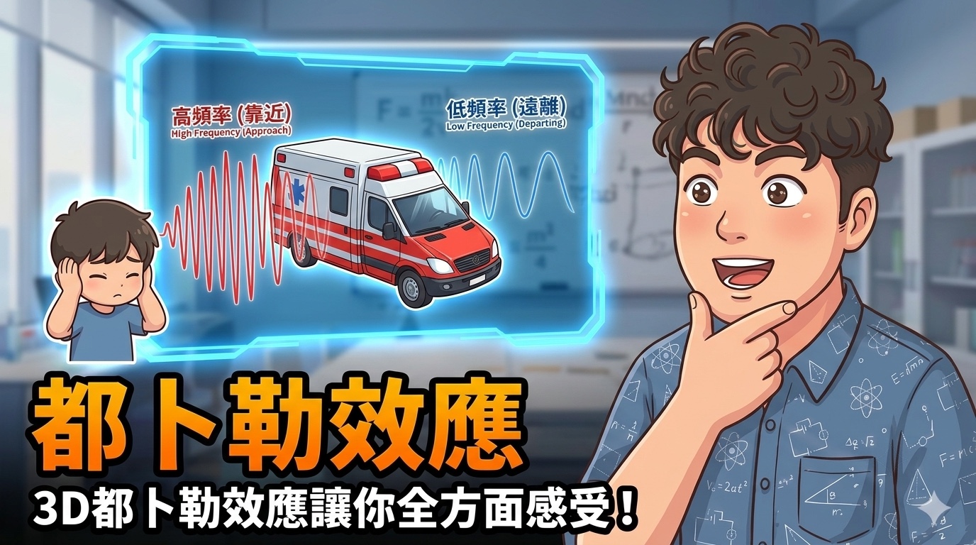 救護車駛近時前方波形較密、駛離後方時波形較疏，分別對應較高與較低接收頻率的示意圖