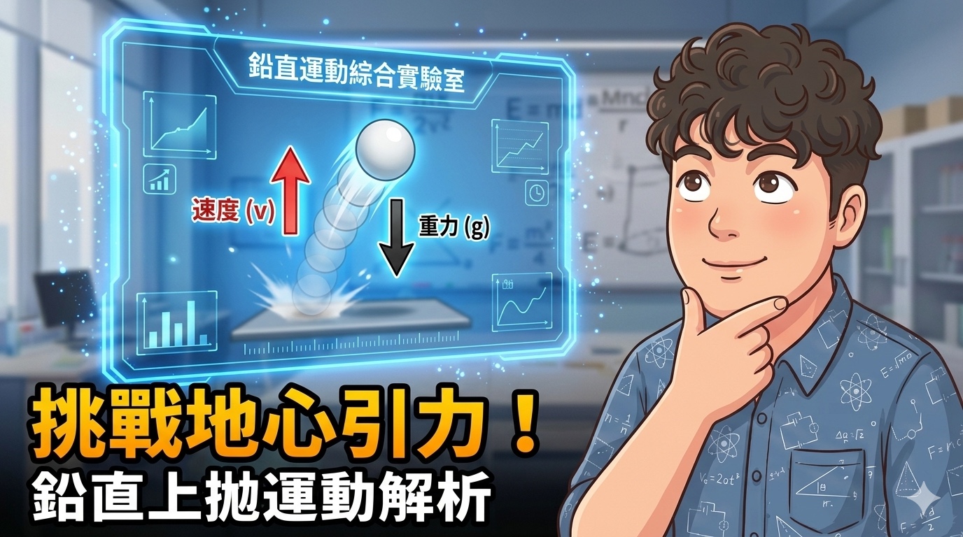 球體在鉛直方向運動，畫面同步顯示位移、速度與加速度向量