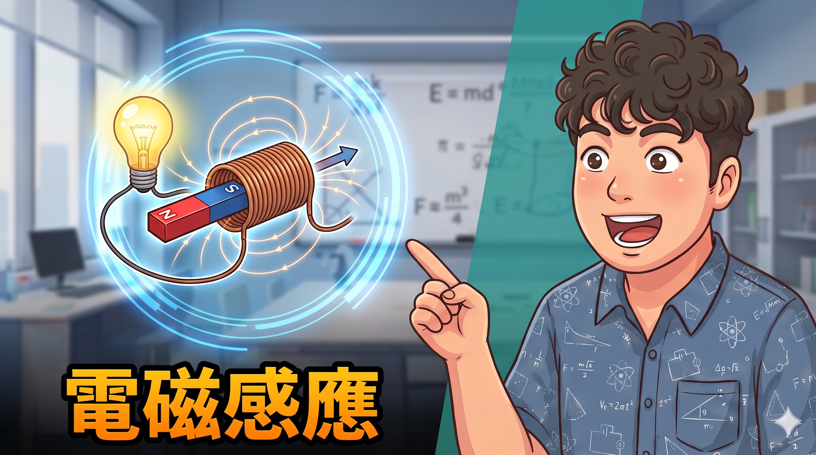 磁鐵靠近線圈，使燈泡發亮並產生感應電流的電磁感應示意圖