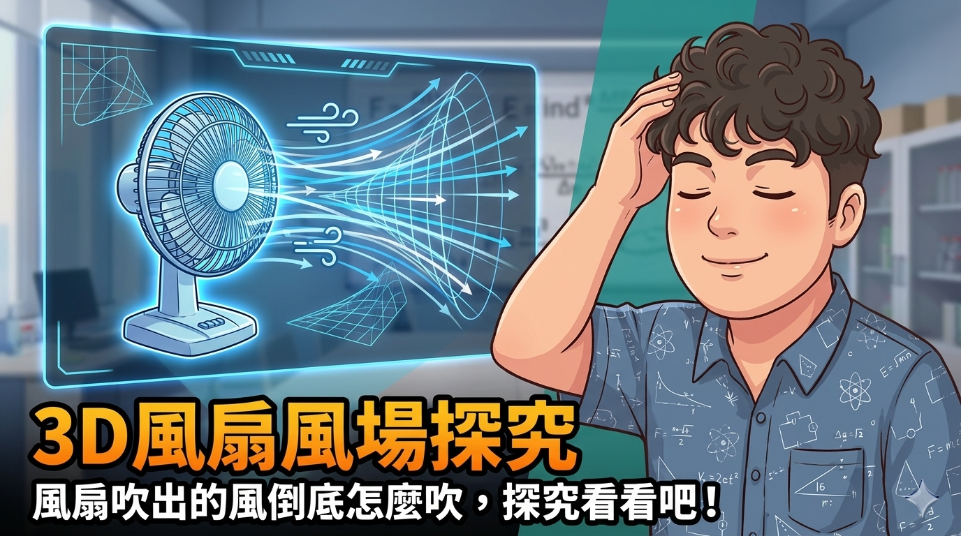 風扇前方以曲線示意氣流分布，旁邊的觀察者思考如何探究風的方向與強弱。